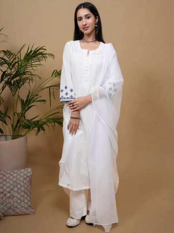 White Cotton Flax Round With V-Neck Kurta For Women's