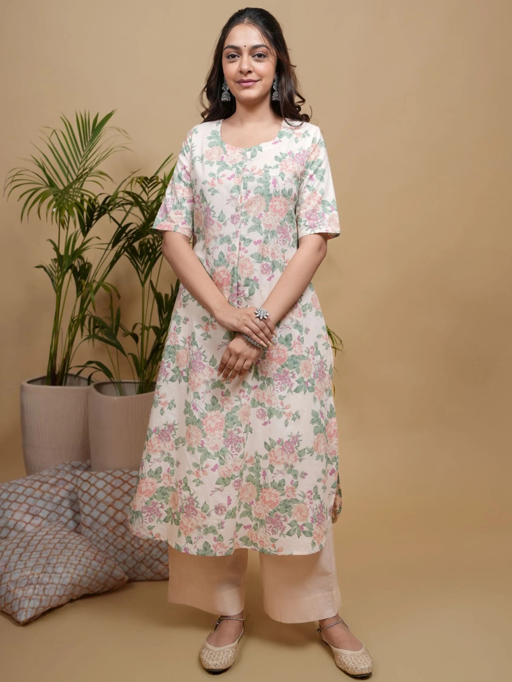 Skin Cotton Round Floral Print Kurta For Women's