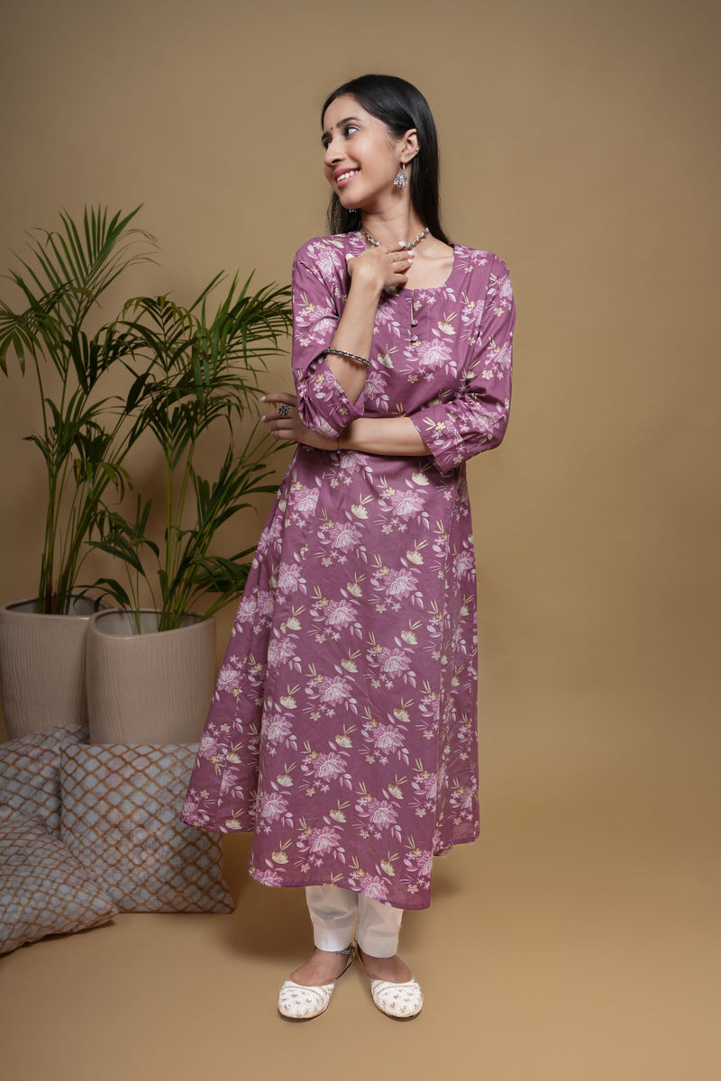 Purple Cotton Floral Print Round Neck Kurta For Women's