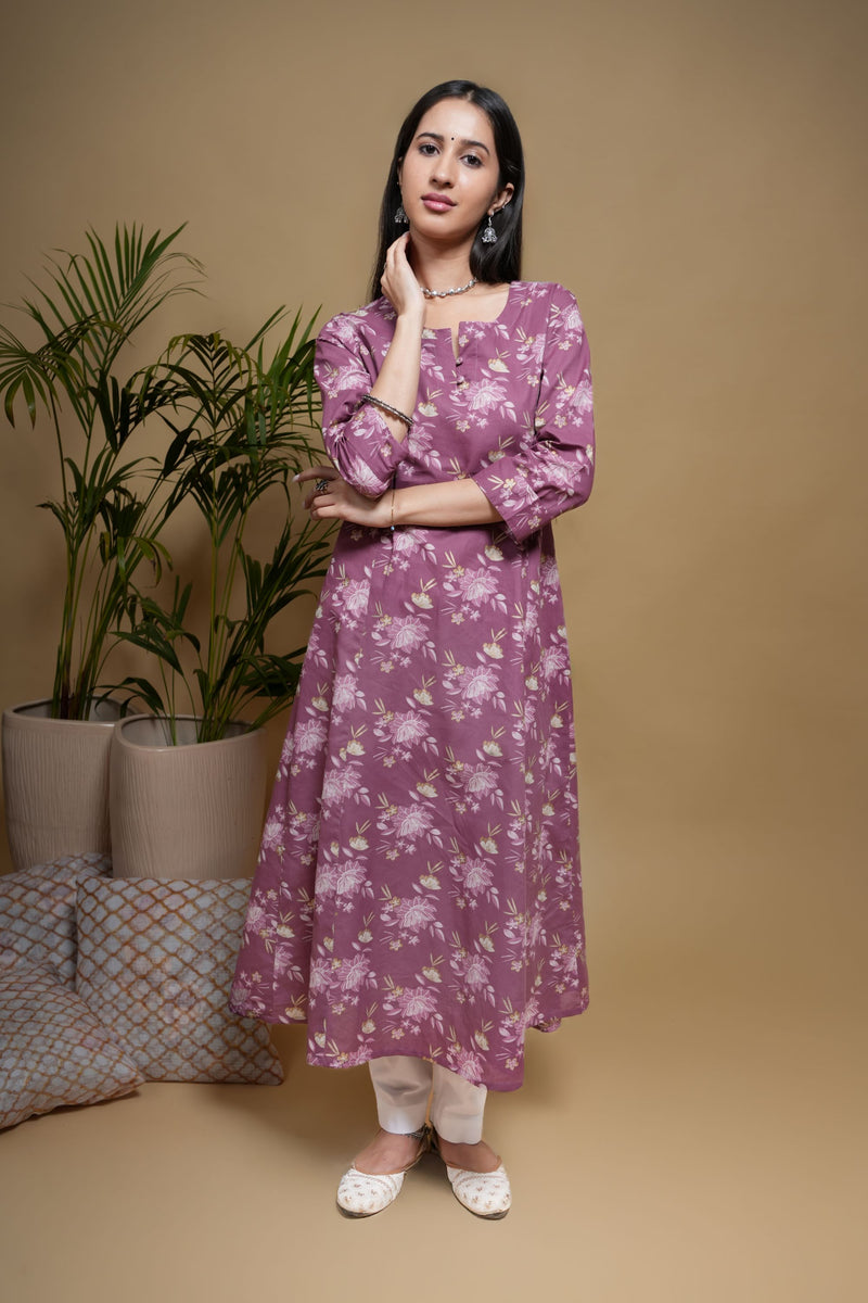 Purple Cotton Floral Print Round Neck Kurta For Women's
