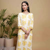 Cream Cotton Round With Small V-Shaped A Solid Yellow Piping Floral Print Kurta For Women's