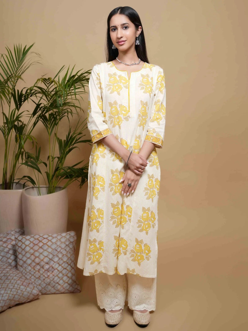 Cream Cotton Round With Small V-Shaped A Solid Yellow Piping Floral Print Kurta For Women's