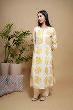 Cream Cotton Round With Small V-Shaped A Solid Yellow Piping Floral Print Kurta For Women's