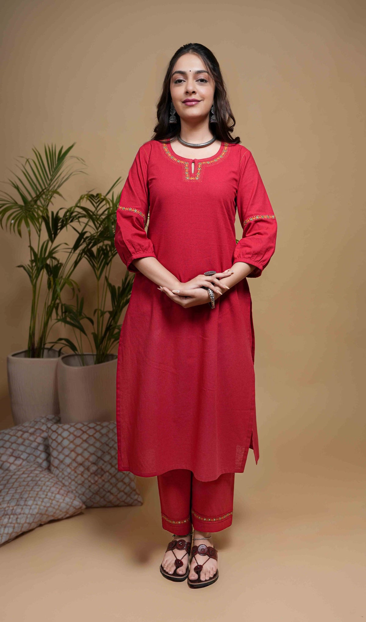 Red Cotton Flax Round Neck Kurta Pant Set For Women's