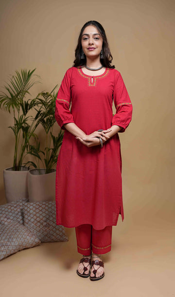 Red Cotton Flax Round Neck Kurta Pant Set For Women's