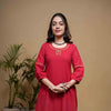 Red Cotton Flax Round Neck Kurta Pant Set For Women's
