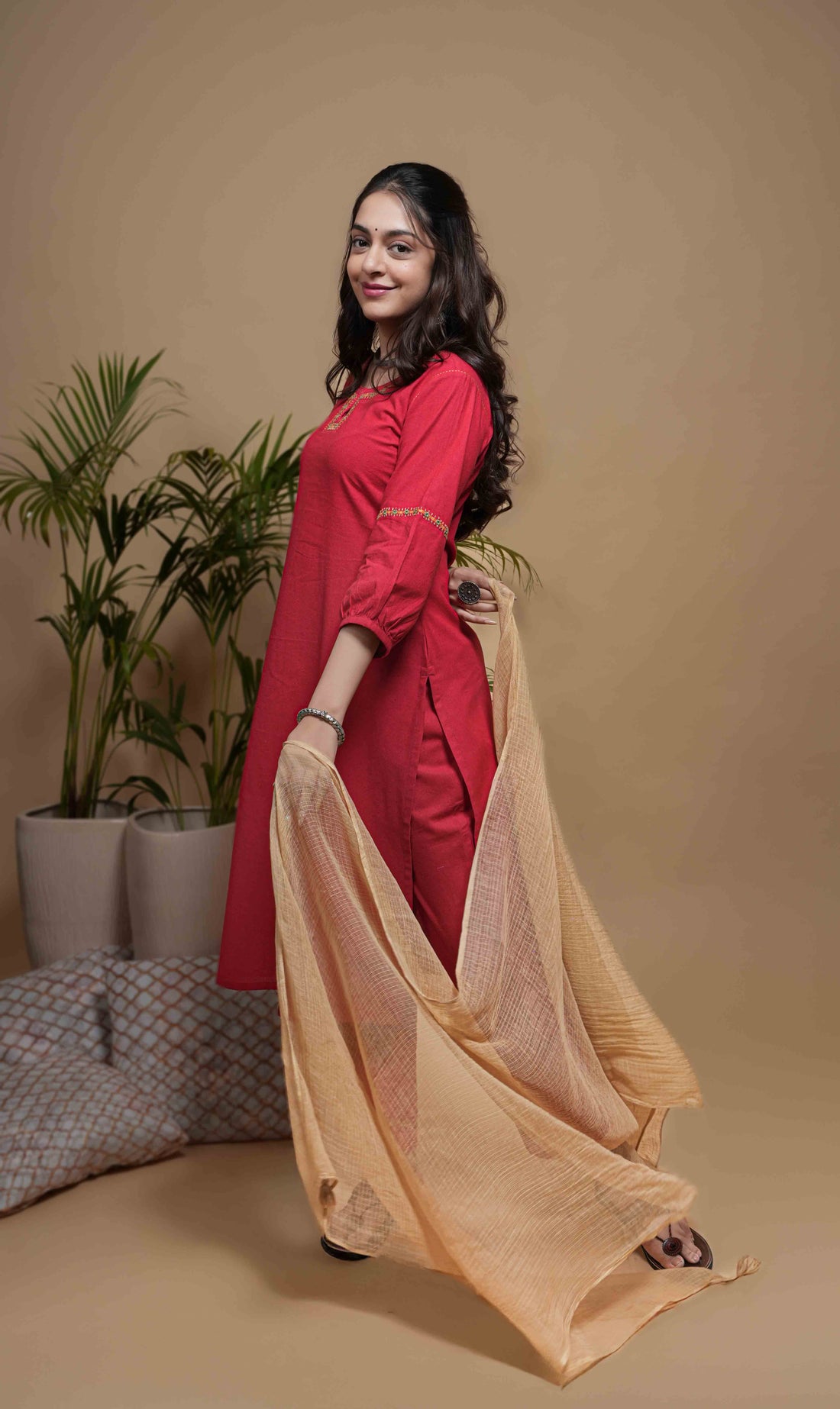 Red Cotton Flax Round Neck Kurta Pant Set For Women's