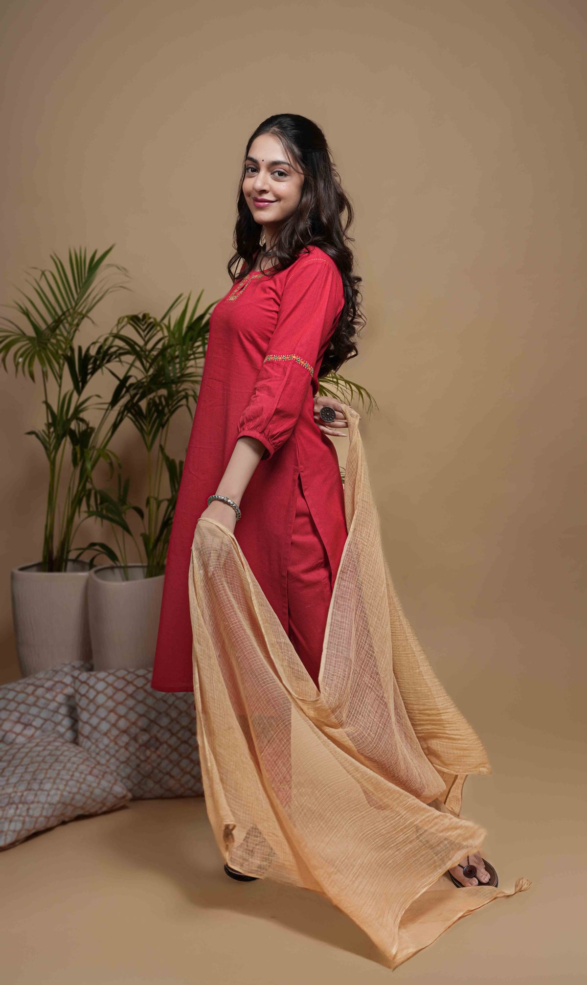 Red Cotton Flax Round Neck Kurta Pant Set For Women's