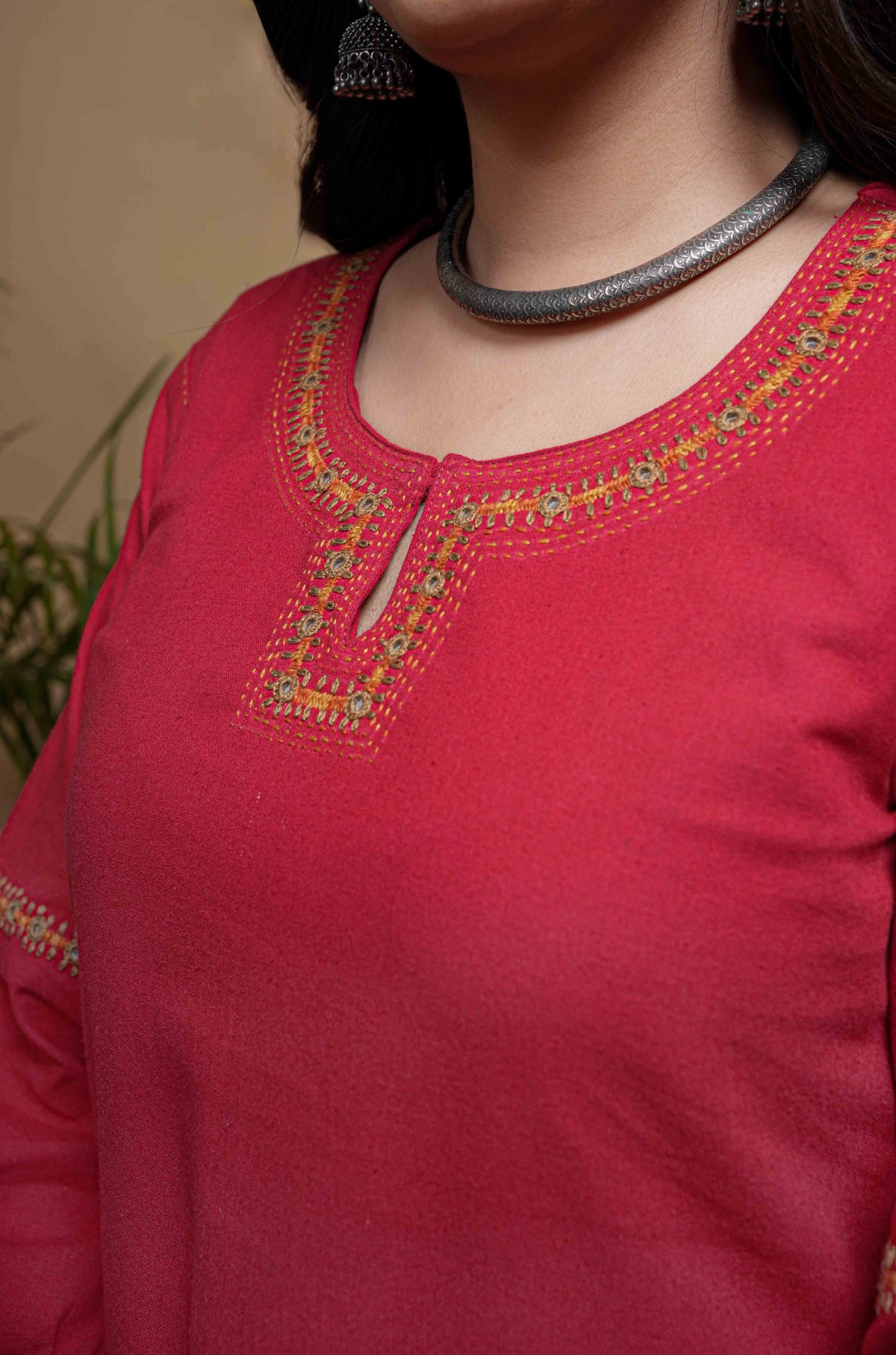 Red Cotton Flax Round Neck Kurta Pant Set For Women's