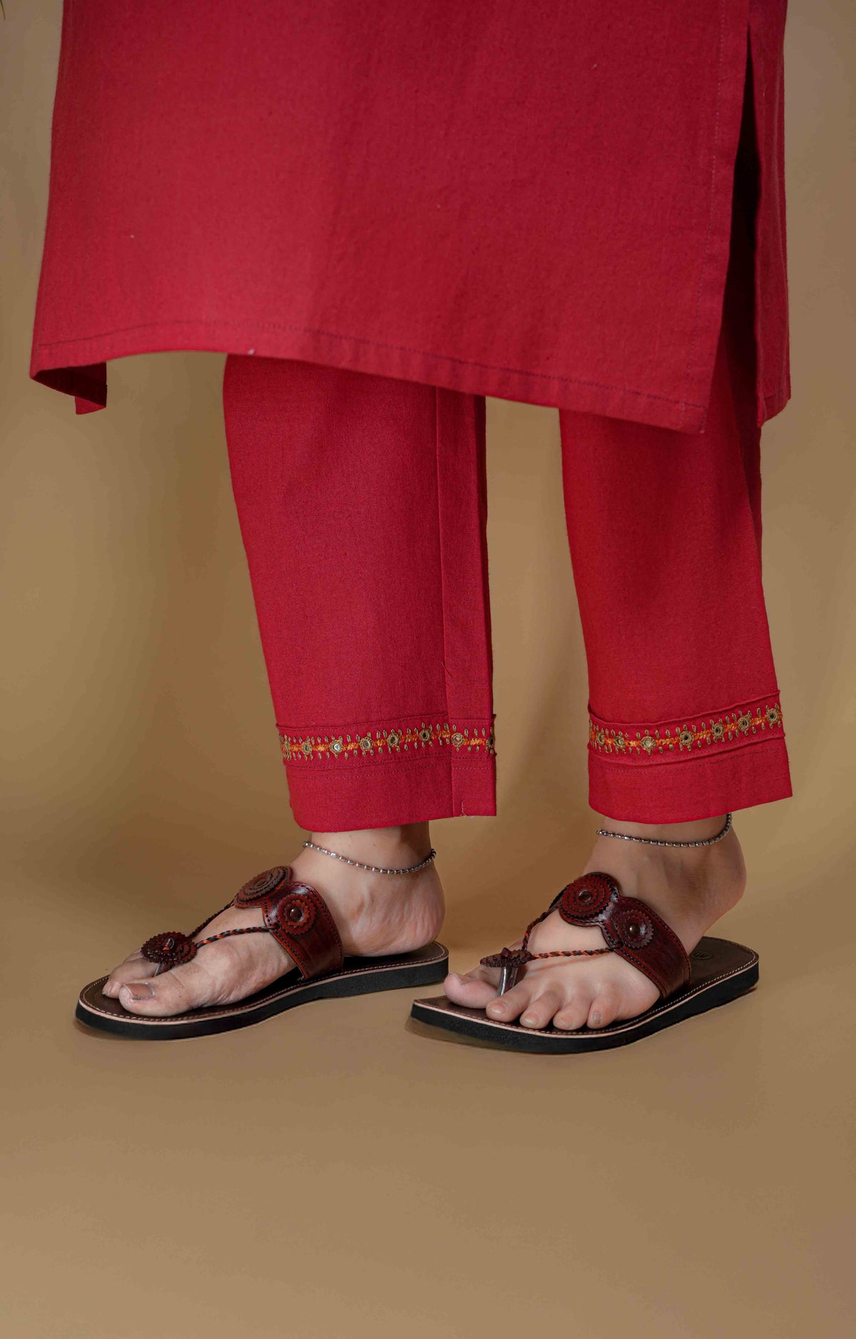 Red Cotton Flax Round Neck Kurta Pant Set For Women's