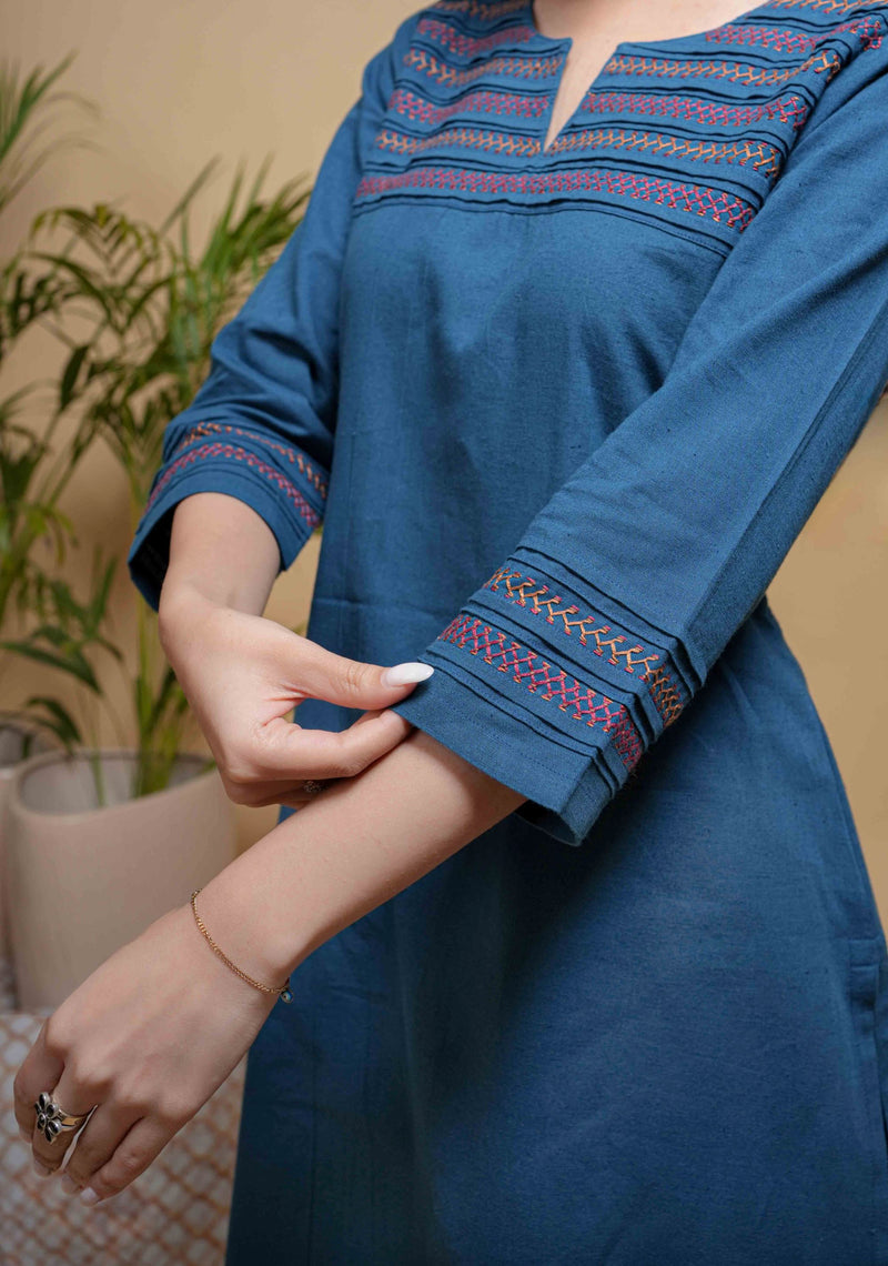 Blue Cotton Flax Kurta Pant Set For Women's