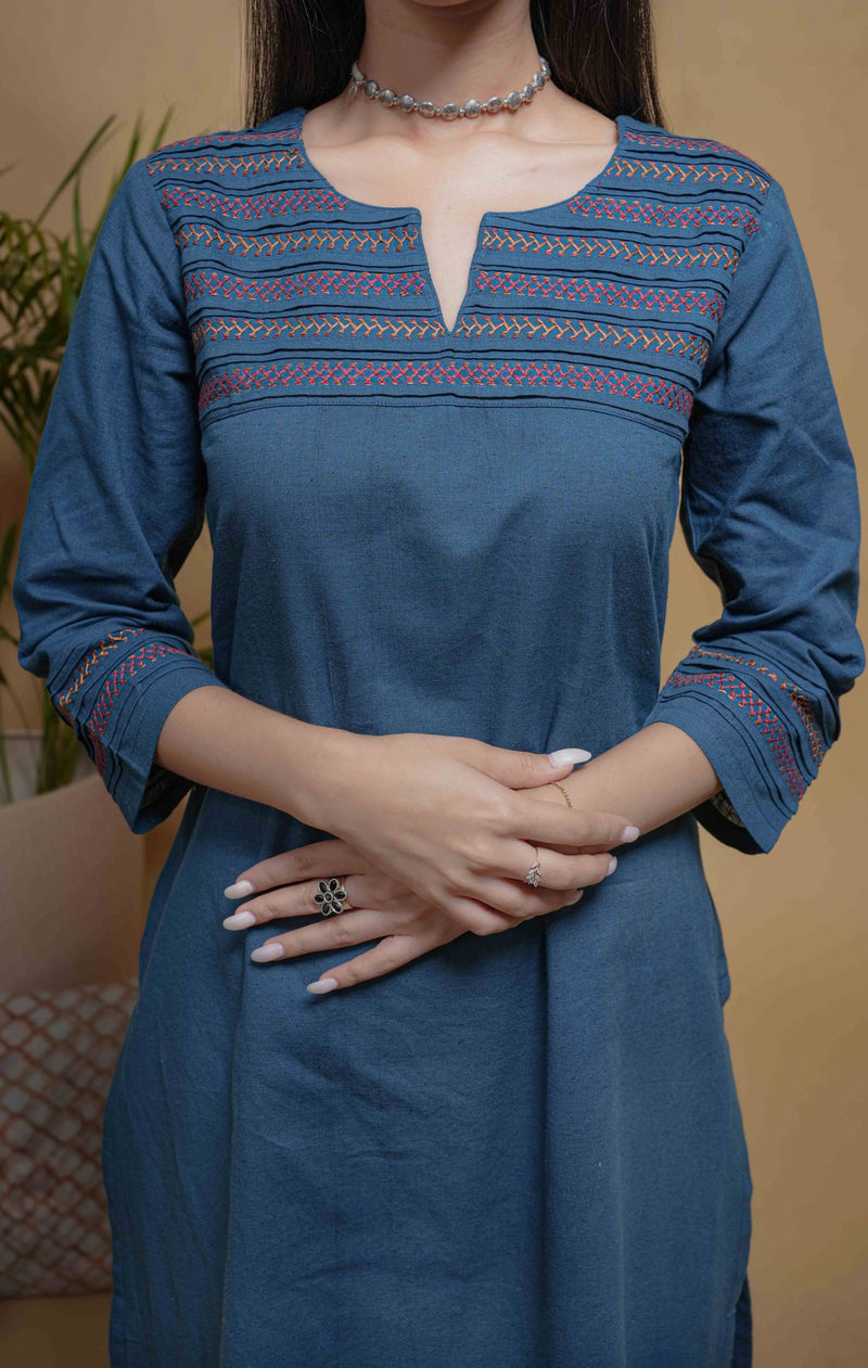 Blue Cotton Flax Kurta Pant Set For Women's