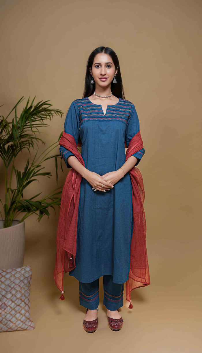 Blue Cotton Flax Kurta Pant Set For Women's