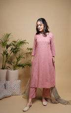 Peach Cotton Slub Round Neck Kurta Pant Set