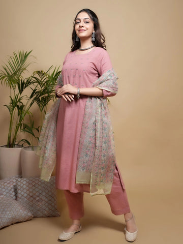 Peach Cotton Slub Round Neck Kurta Pant Set
