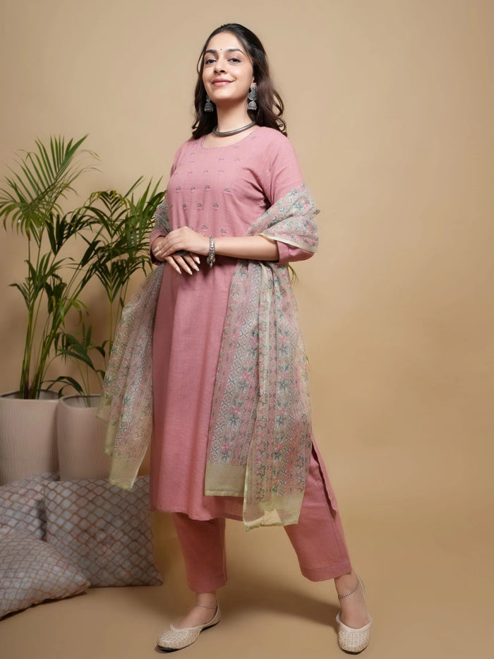 Peach Cotton Slub Round Neck Kurta Pant Set