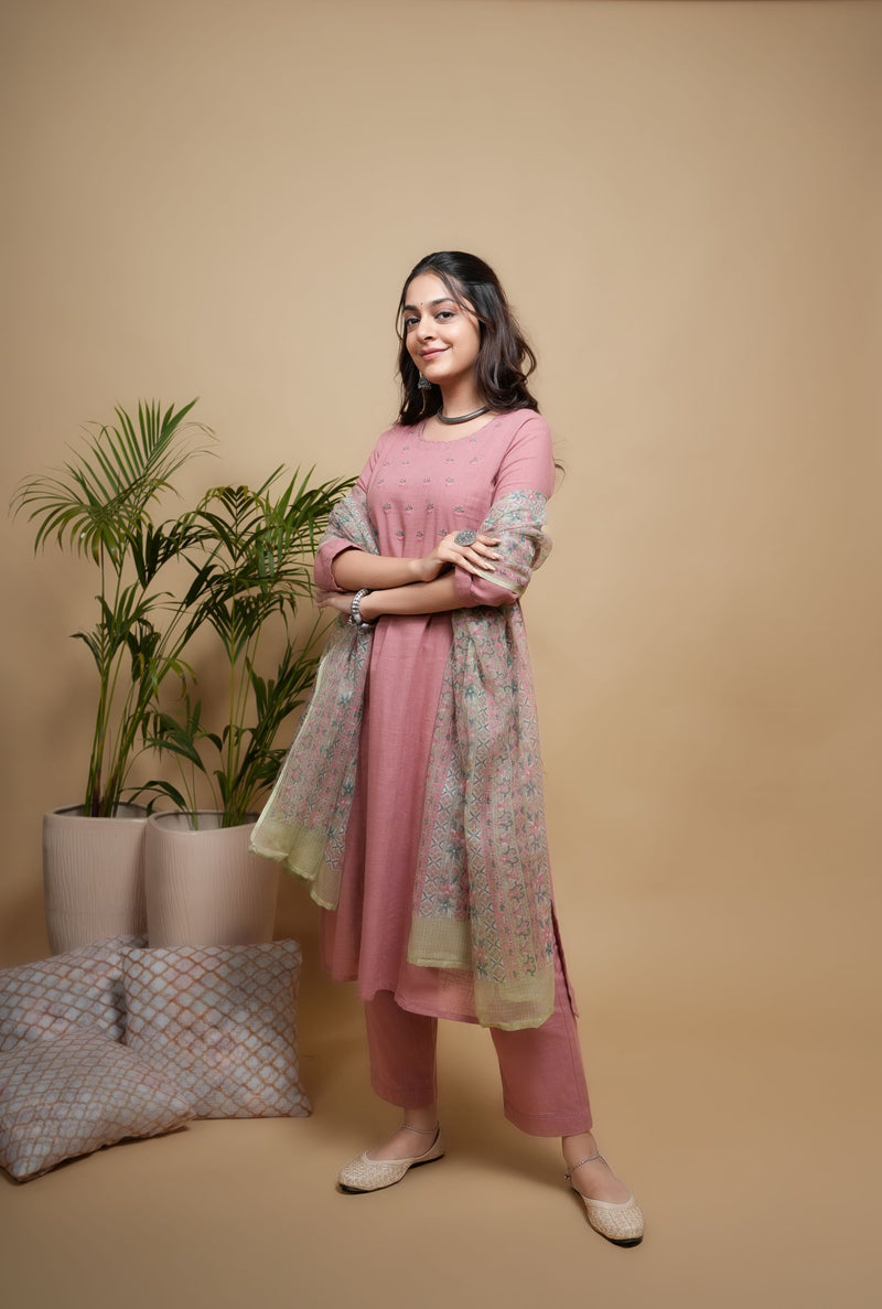 Peach Cotton Slub Round Neck Kurta Pant Set
