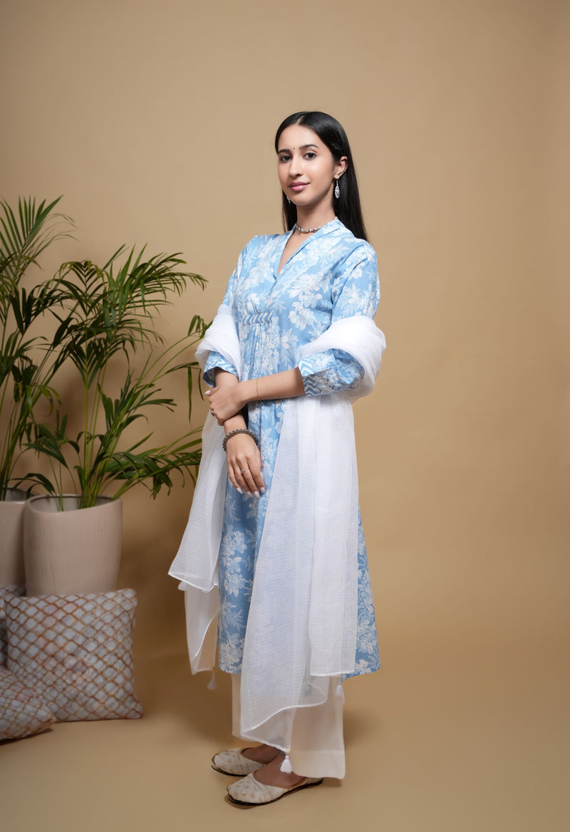 Blue Cotton Floral Print V-Neck Kurta For Women's