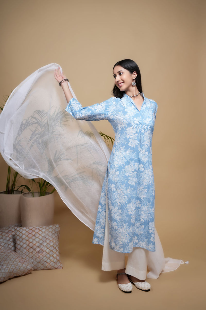 Blue Cotton Floral Print V-Neck Kurta For Women's