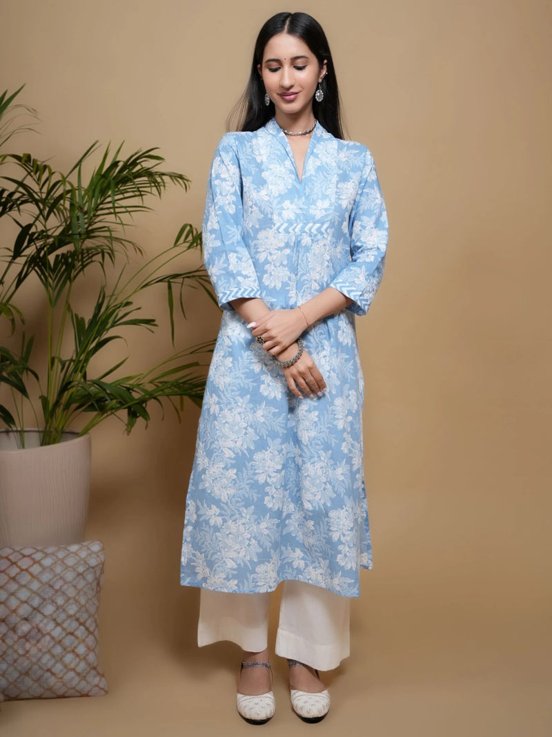 Blue Cotton Floral Print V-Neck Kurta For Women's