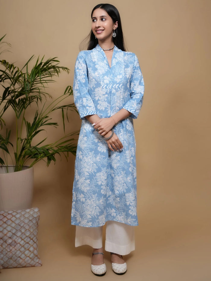 Blue Cotton Floral Print V-Neck Kurta For Women's