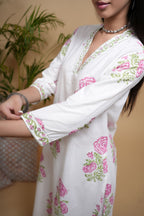 White Cotton Handblock Printed Zari Work V-Neck Women's Kurta