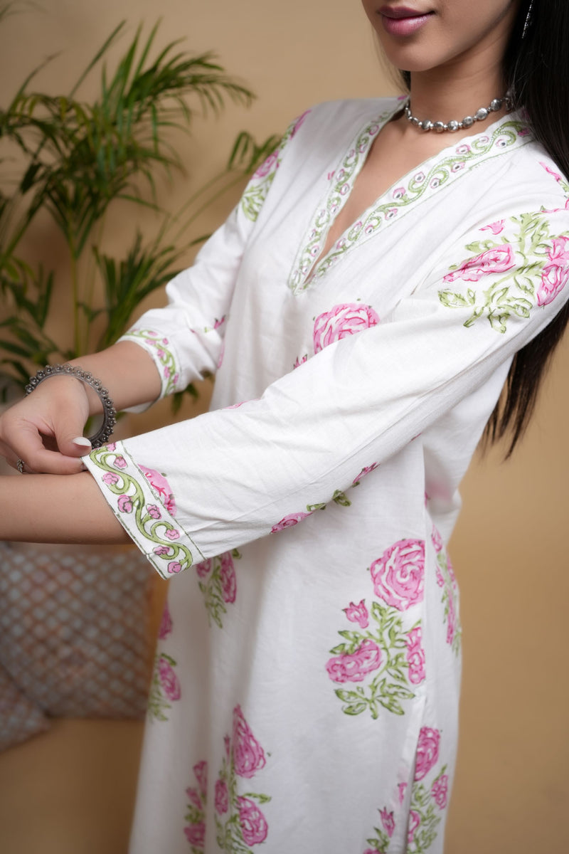 White Cotton Handblock Printed Zari Work V-Neck Women's Kurta