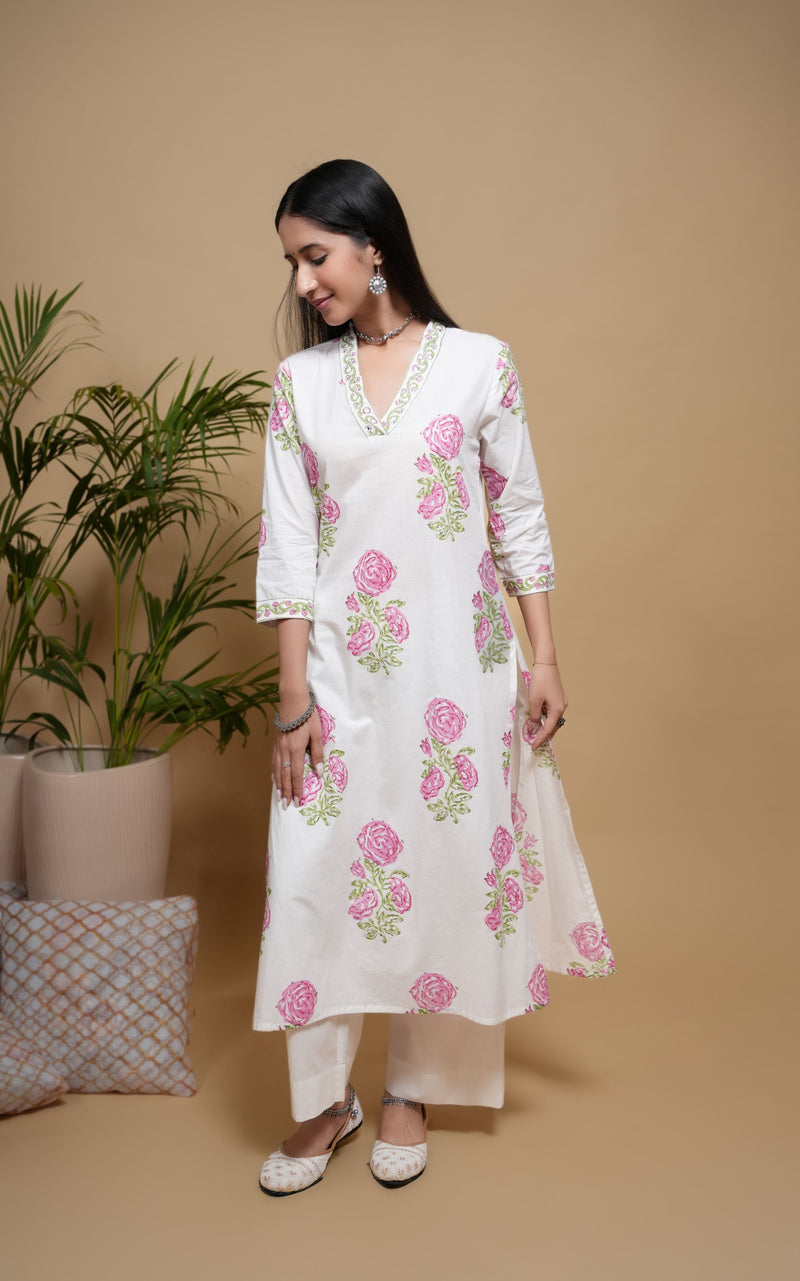 White Cotton Handblock Printed Zari Work V-Neck Women's Kurta