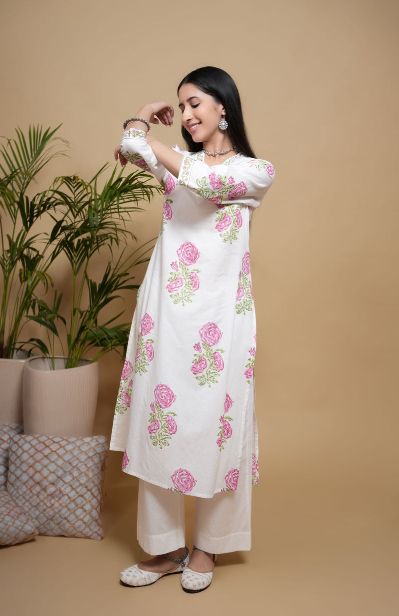 White Cotton Handblock Printed Zari Work V-Neck Women's Kurta