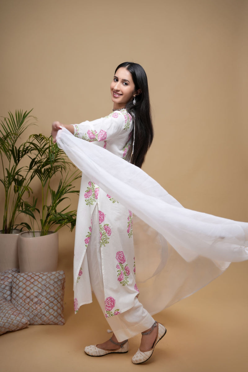 White Cotton Handblock Printed Zari Work V-Neck Women's Kurta