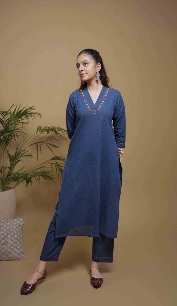 Indigo Cotton V-Neck Kurta-Pant Set For Women's
