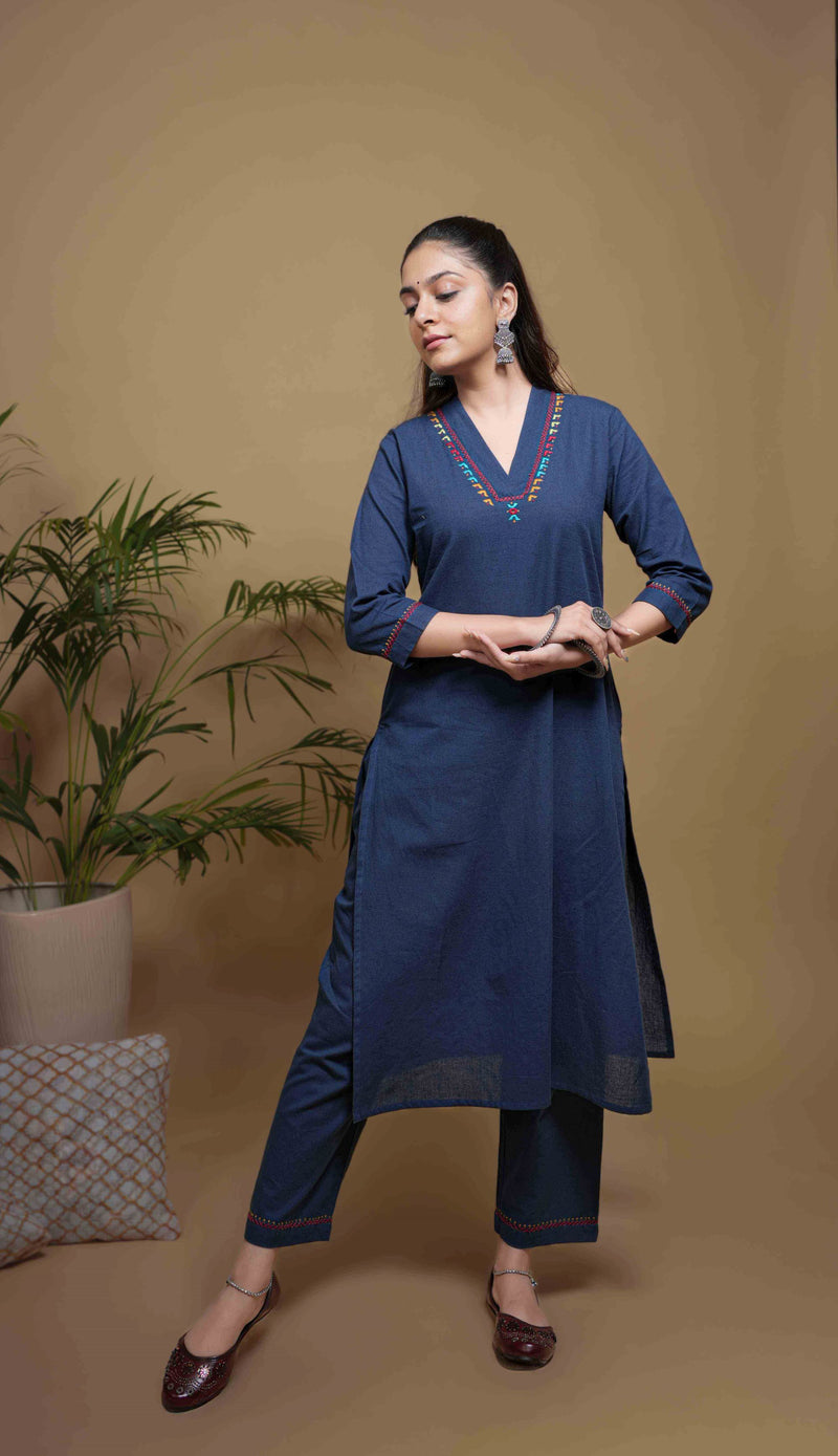 Indigo Cotton V-Neck Kurta-Pant Set For Women's
