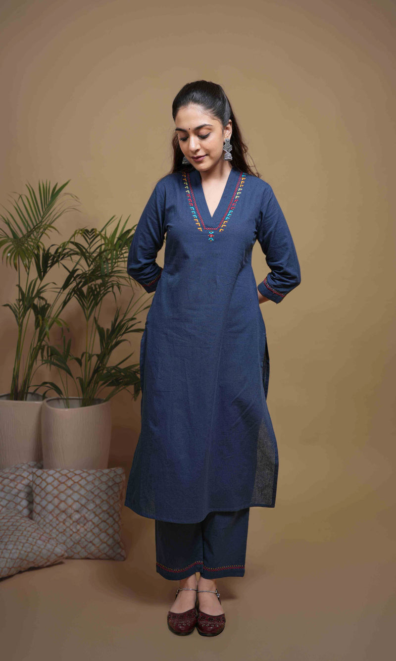 Indigo Cotton V-Neck Kurta-Pant Set For Women's