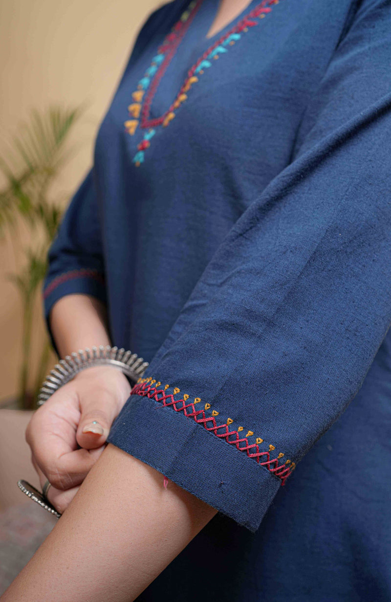 Indigo Cotton V-Neck Kurta-Pant Set For Women's