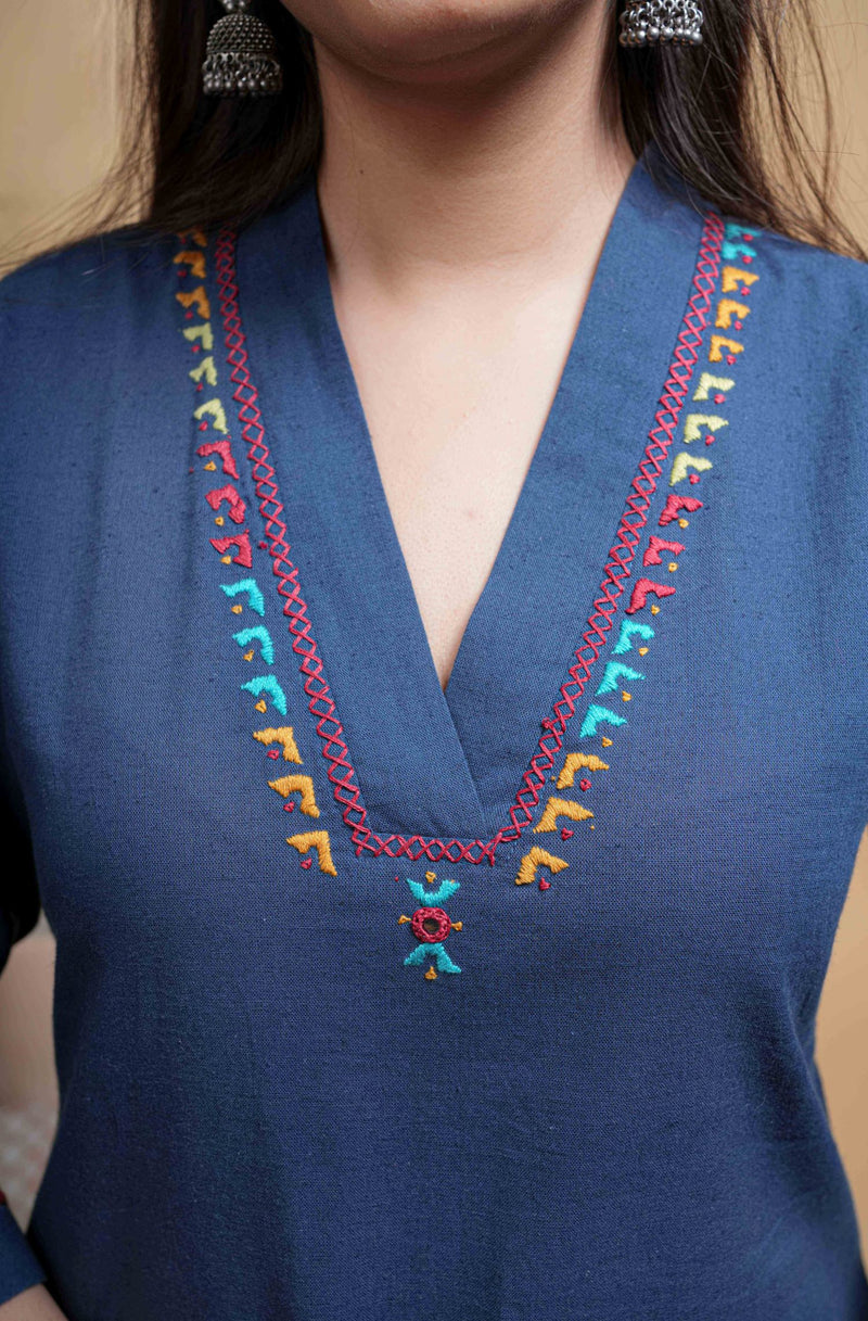 Indigo Cotton V-Neck Kurta-Pant Set For Women's