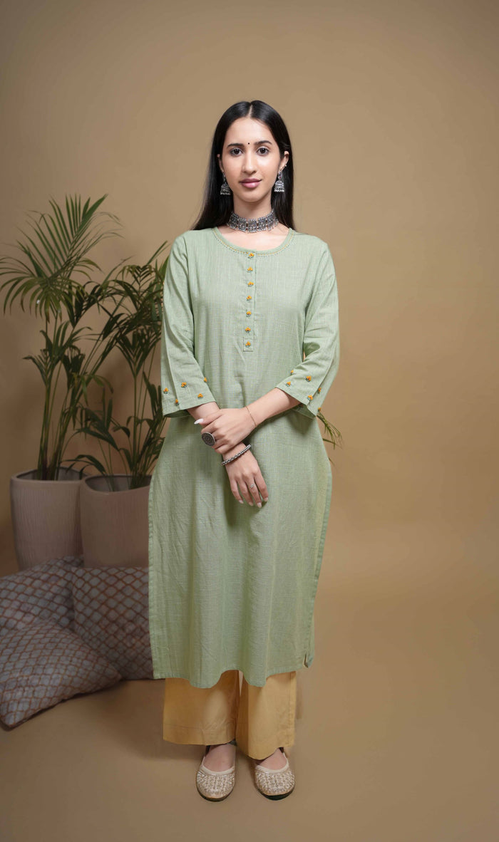 Pista Green Cotton Slub Round Neck Kurta For Women's