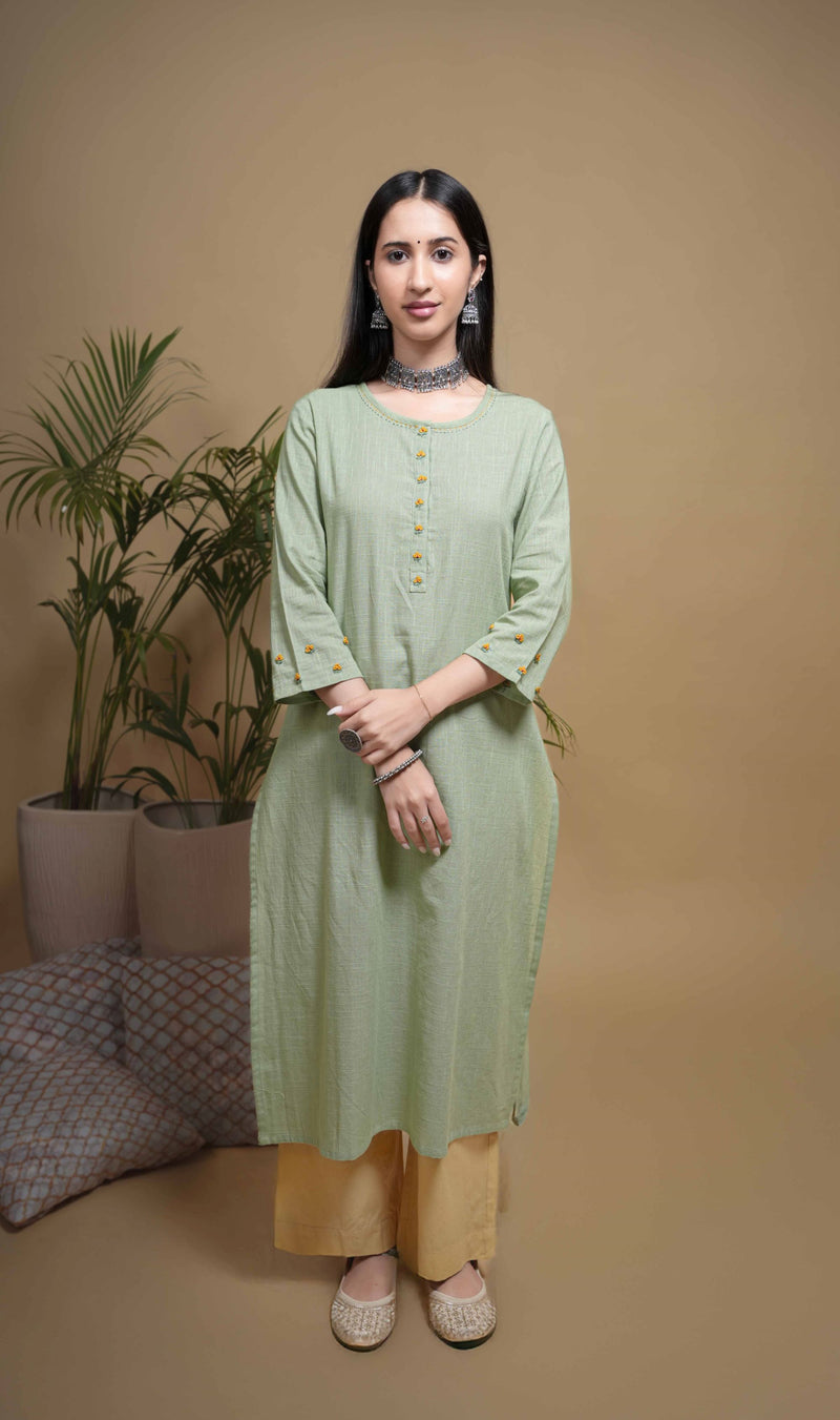 Pista Green Cotton Slub Round Neck Kurta For Women's