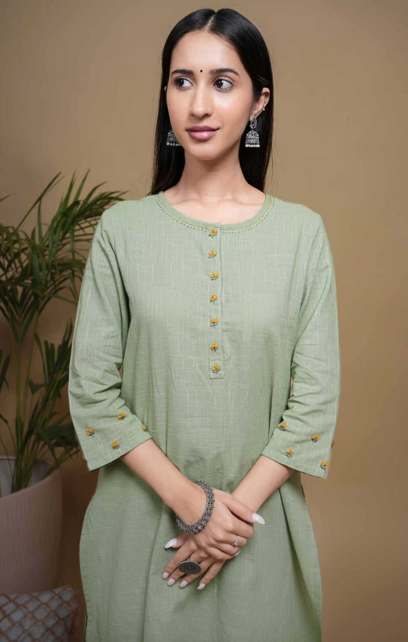 Pista Green Cotton Slub Round Neck Kurta For Women's