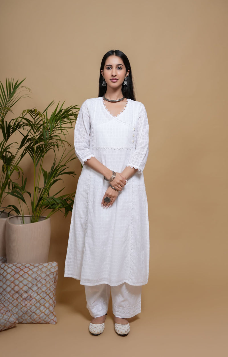 White Cotton Dobby Button & Lace Work Angrakha Neck Women's Kurta