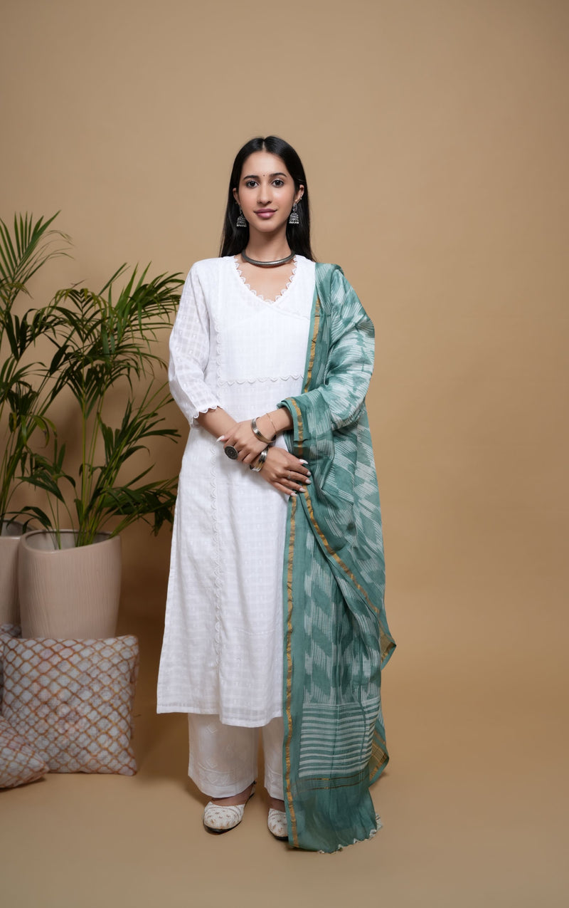 White Cotton Dobby Button & Lace Work Angrakha Neck Women's Kurta