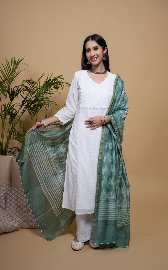 White Cotton Dobby Button & Lace Work Angrakha Neck Women's Kurta