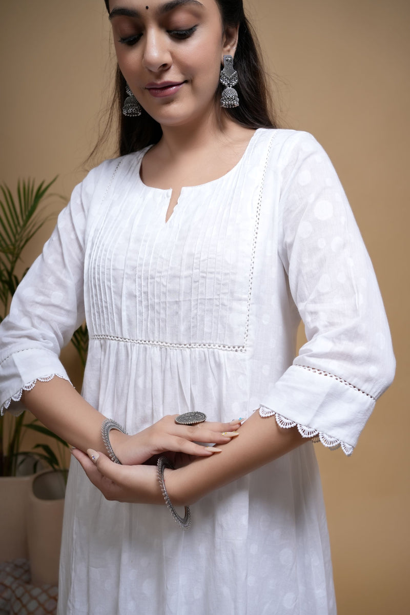 White Cotton Dobby Lace Work Round with V-Neck Women's Kurta