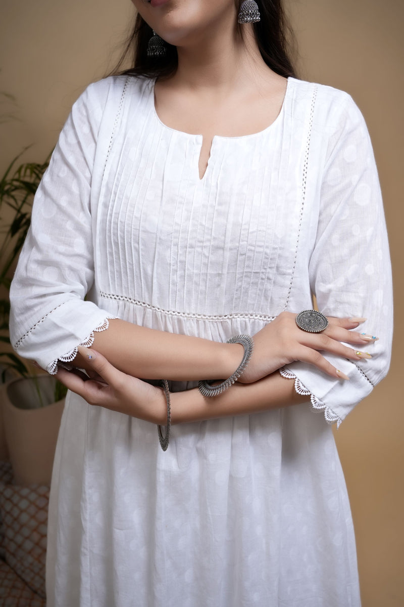 White Cotton Dobby Lace Work Round with V-Neck Women's Kurta
