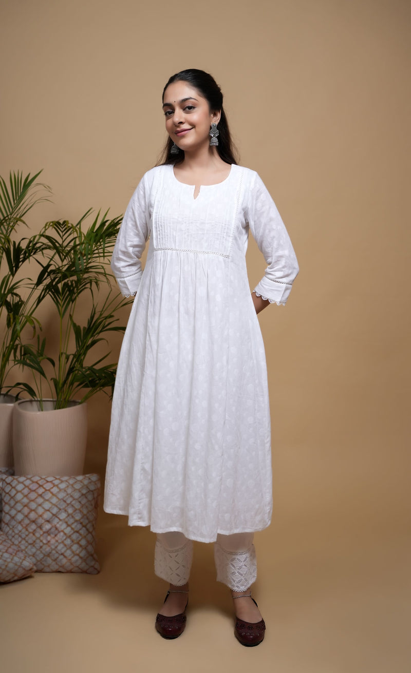 White Cotton Dobby Lace Work Round with V-Neck Women's Kurta
