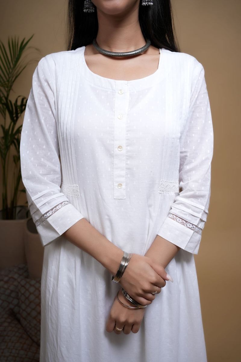 White Cotton Dobby Button & Lace Work Round Neck Women's Kurta
