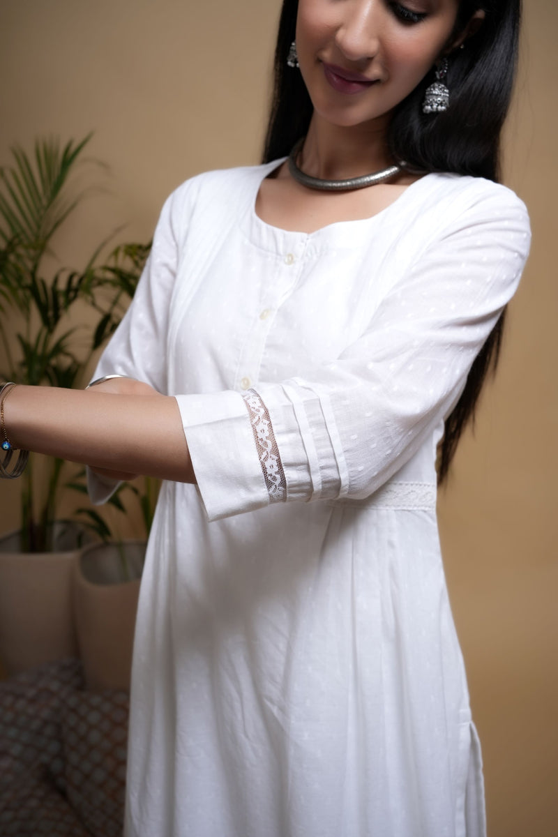 White Cotton Dobby Button & Lace Work Round Neck Women's Kurta