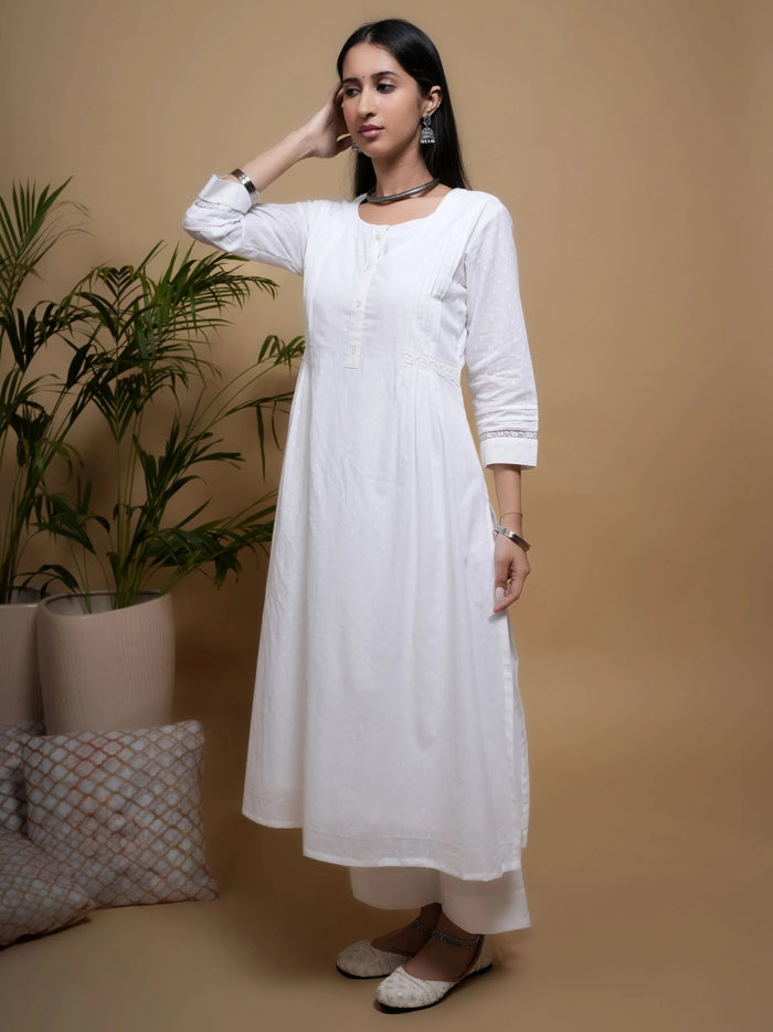 White Cotton Dobby Button & Lace Work Round Neck Women's Kurta