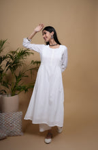 White Cotton Dobby Button & Lace Work Round Neck Women's Kurta