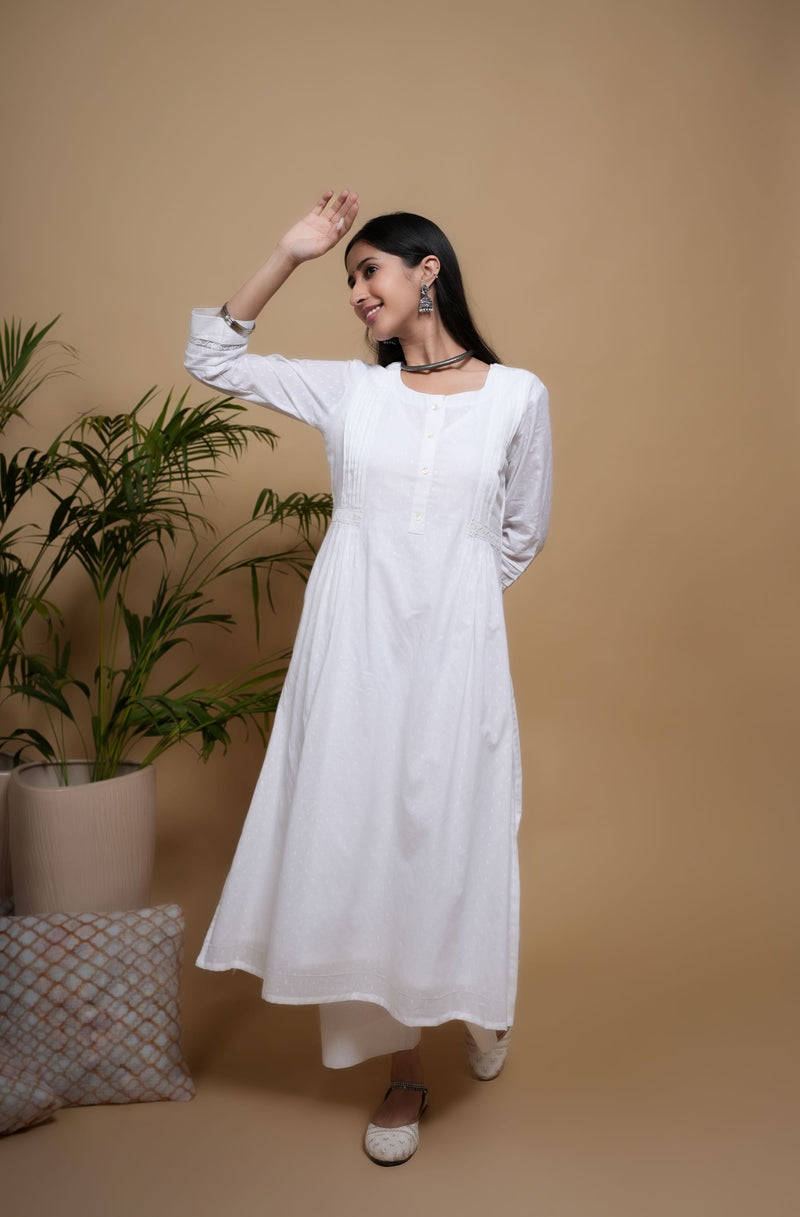 White Cotton Dobby Button & Lace Work Round Neck Women's Kurta