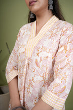 Beige Cotton Handblock Printed Sequence Work V-Neck Women's Kurta